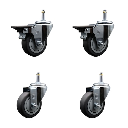 Service Caster 3.5'' Thermo Rubber Wheel Swivel 7/16'' Grip Ring Stem Caster Set 2 Brake, 4PK SCC-GR20S3514-TPRB-PLB-716138-2-S-2